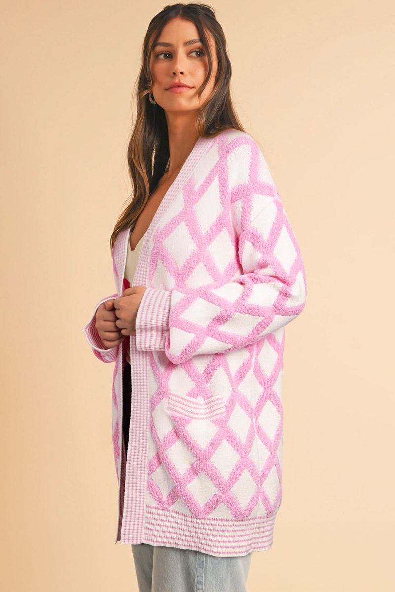 Pink Rhombus Pattern Knit Open Front Pocketed Cardigans - Love Salve 