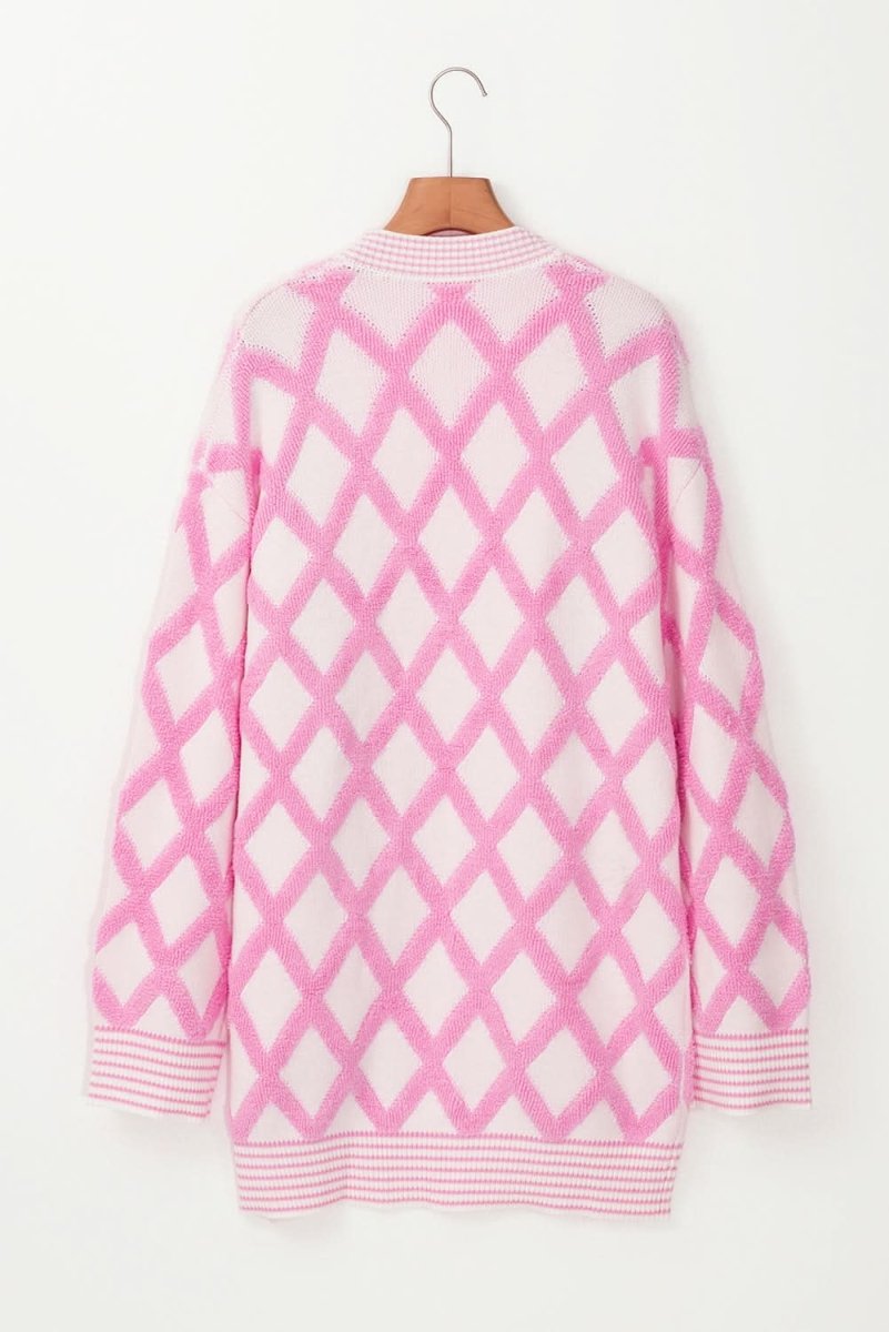 Pink Rhombus Pattern Knit Open Front Pocketed Cardigans - Love Salve 