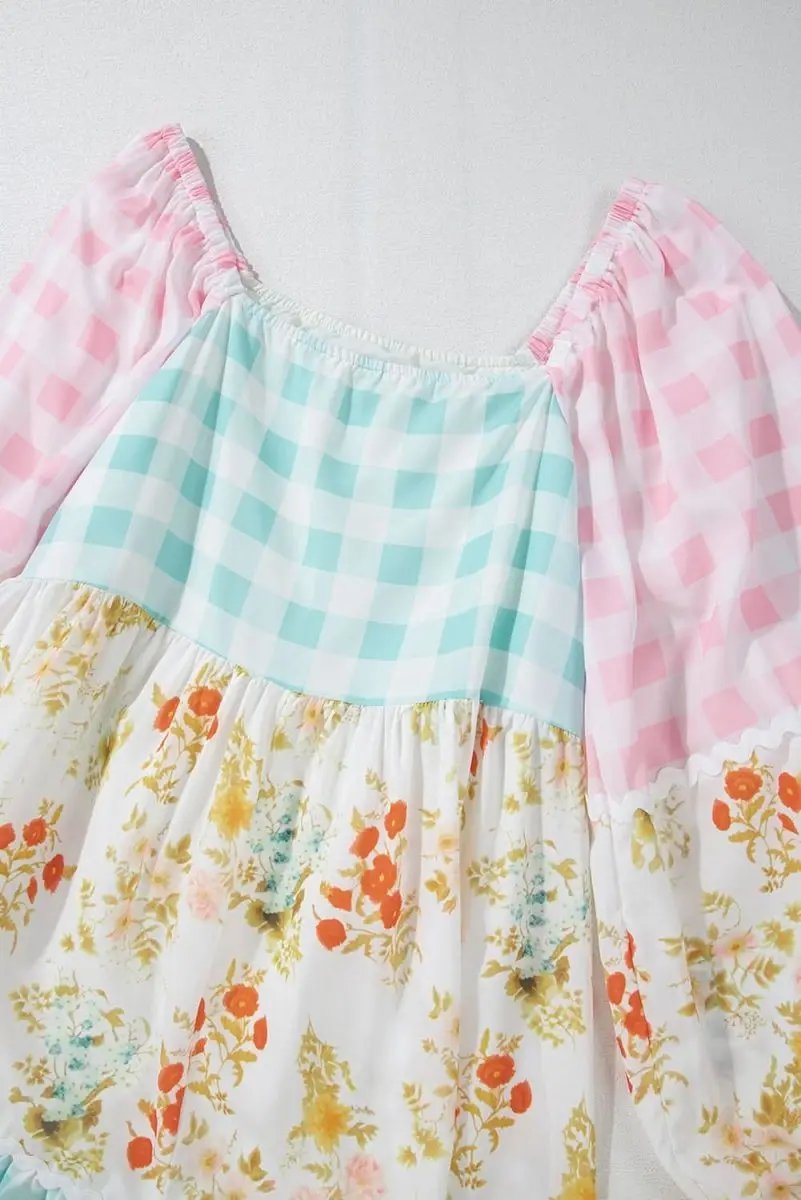 Pink Ric Rac Plaid Floral Print Patchwork Bubble Sleeve Dress - Love Salve 
