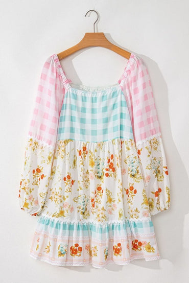 Pink Ric Rac Plaid Floral Print Patchwork Bubble Sleeve Dress - Love Salve 