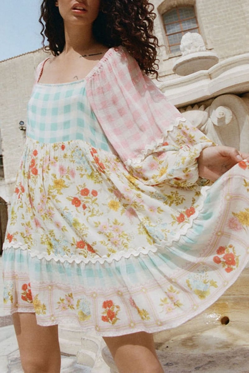 Pink Ric Rac Plaid Floral Print Patchwork Bubble Sleeve Dress - Love Salve 
