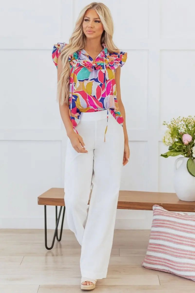 Pink Ruffled Flutter Sleeve Blouse with Abstract Print and Tied Split V Neck - Love Salve 