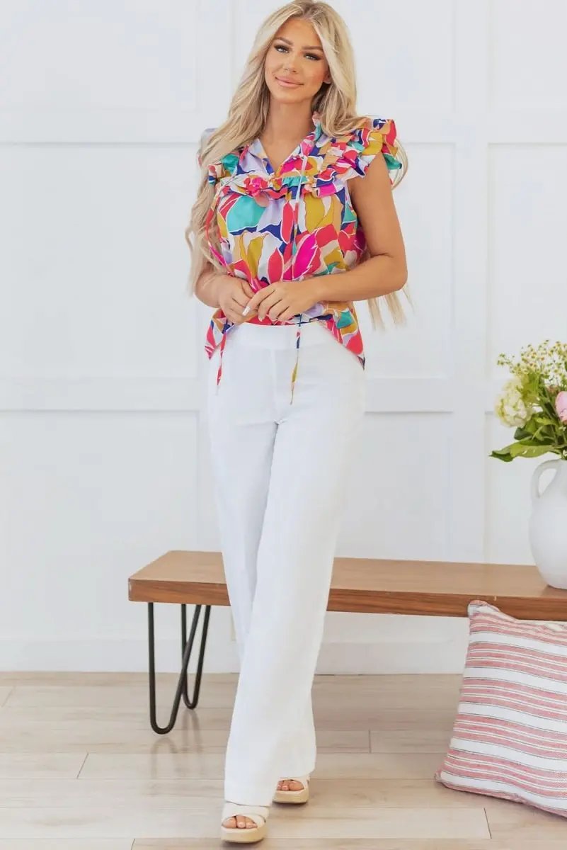 Pink Ruffled Flutter Sleeve Blouse with Abstract Print and Tied Split V Neck - Love Salve 
