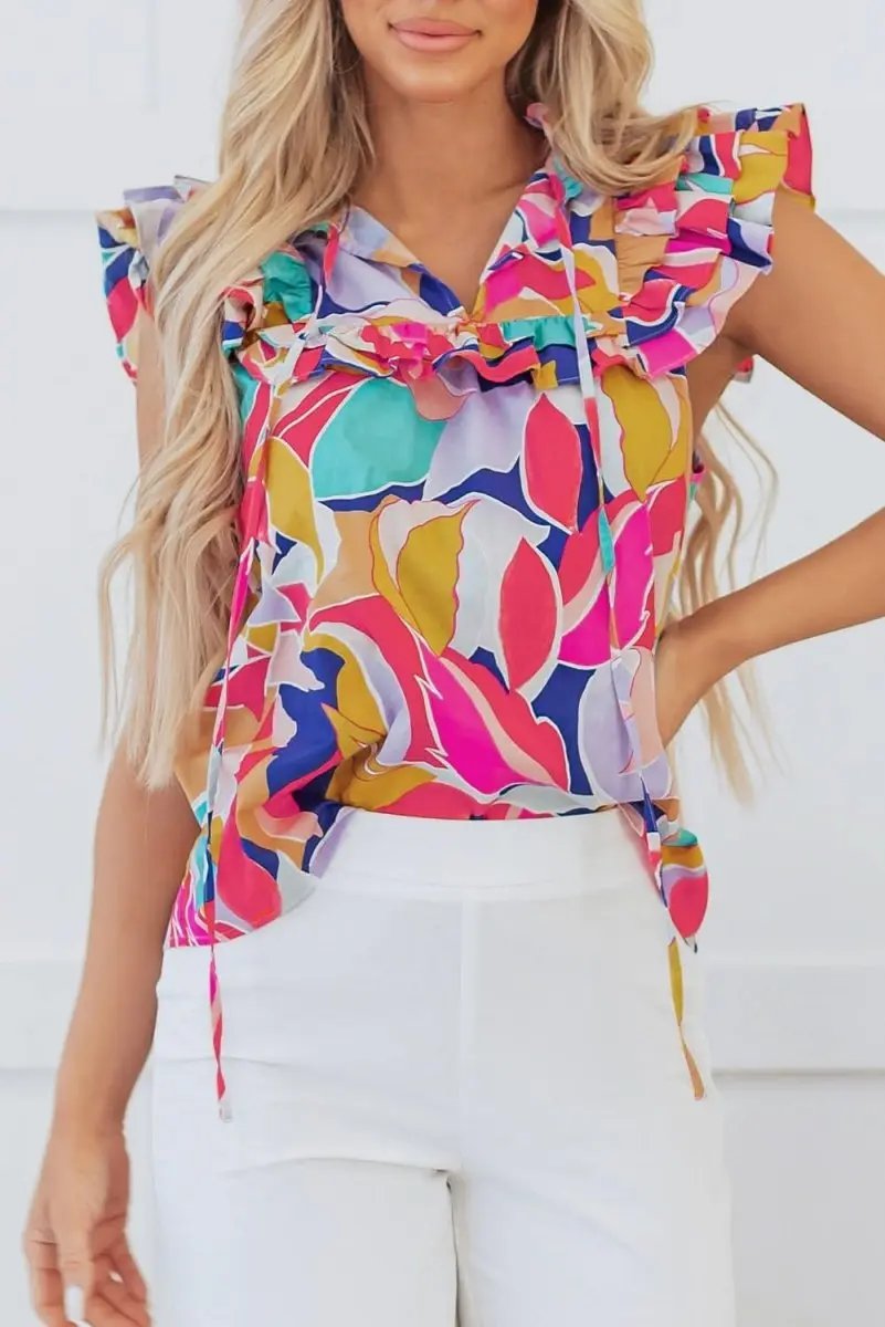 Pink Ruffled Flutter Sleeve Blouse with Abstract Print and Tied Split V Neck - Love Salve 