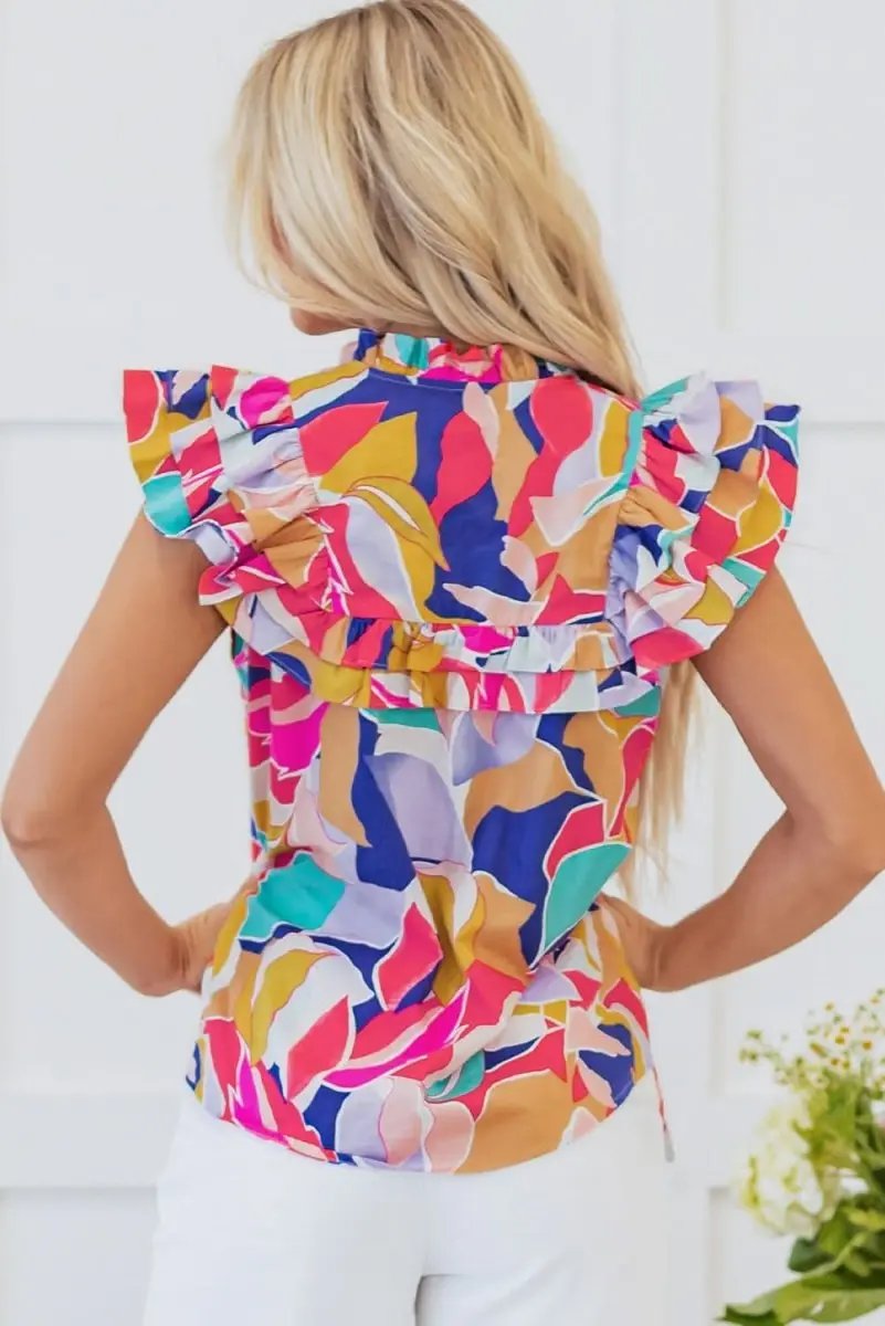 Pink Ruffled Flutter Sleeve Blouse with Abstract Print and Tied Split V Neck - Love Salve 