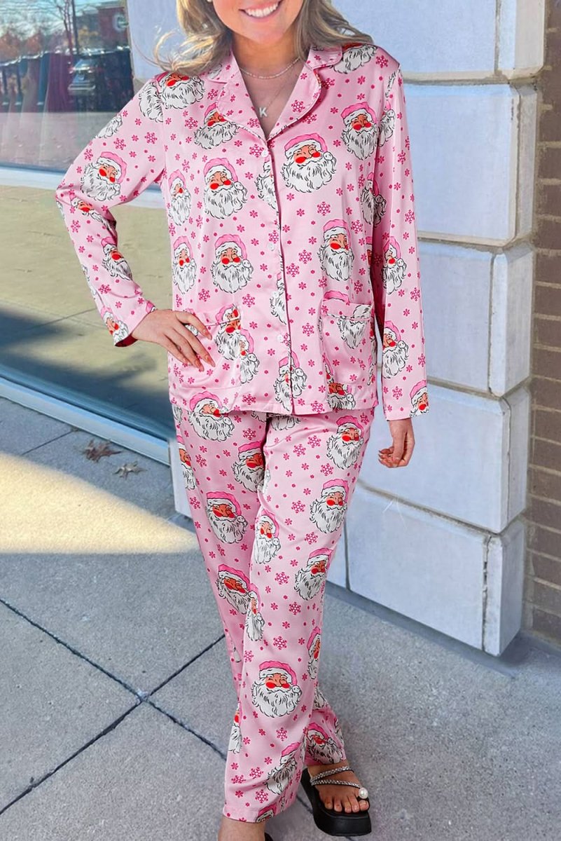 Pink Santa Claus Snowflake Long Sleeve Shirt Christmas Pajama Set - Love Salve 