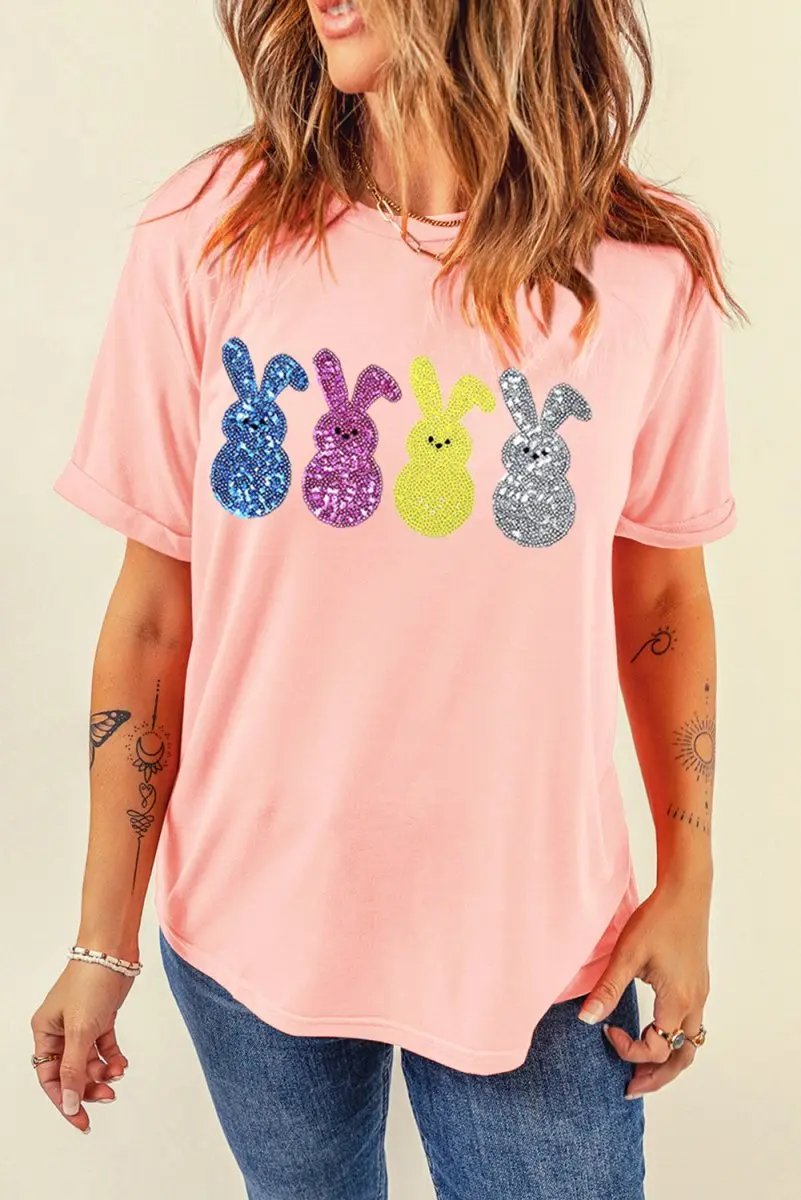 Pink Sequin Cute Bunny Graphic Easter Fashion Tee Shirt - Love Salve 
