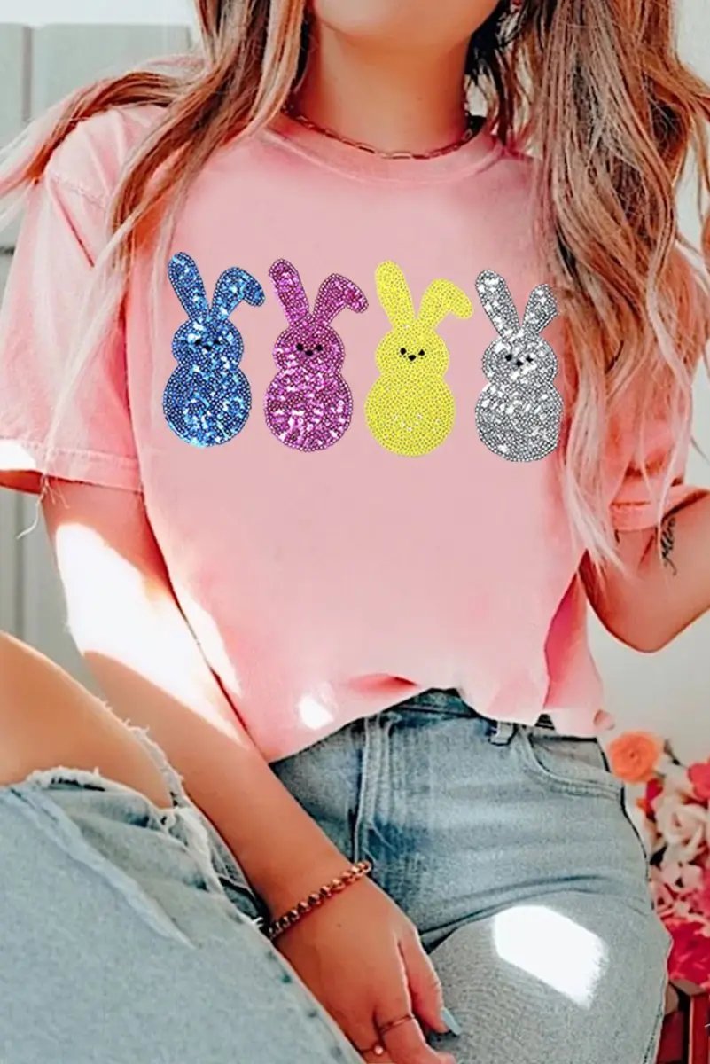 Pink Sequin Cute Bunny Graphic Easter Fashion Tee Shirt - Love Salve 