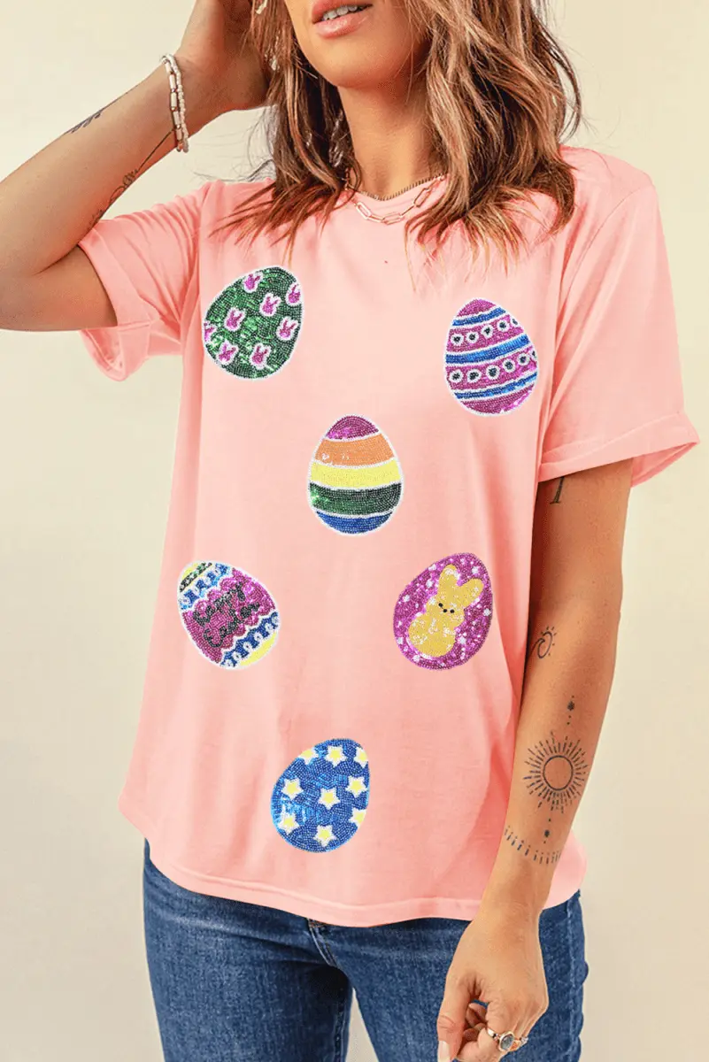 Pink Sequin Easter Eggs Graphic Crewneck T Shirt for Women - Love Salve 