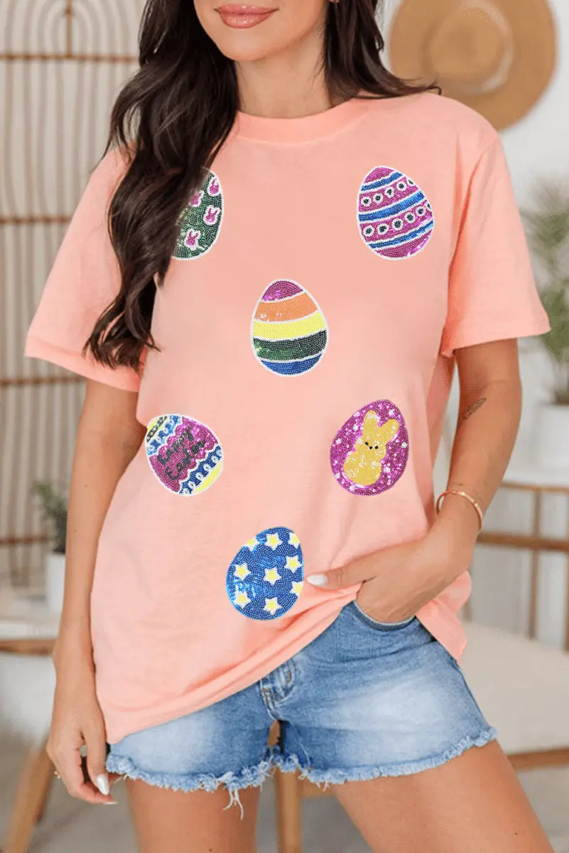 Pink Sequin Easter Eggs Graphic Crewneck T Shirt for Women - Love Salve 