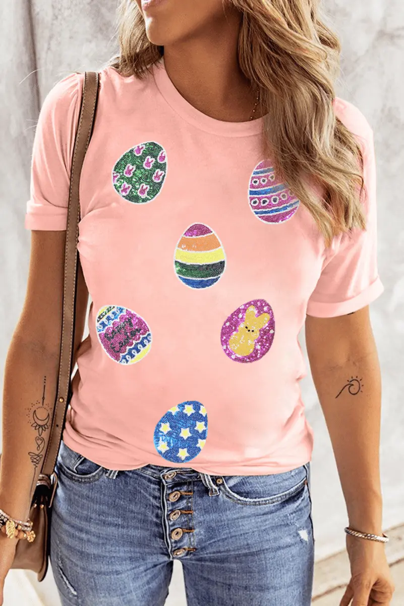 Pink Sequin Easter Eggs Graphic Crewneck T Shirt for Women - Love Salve 