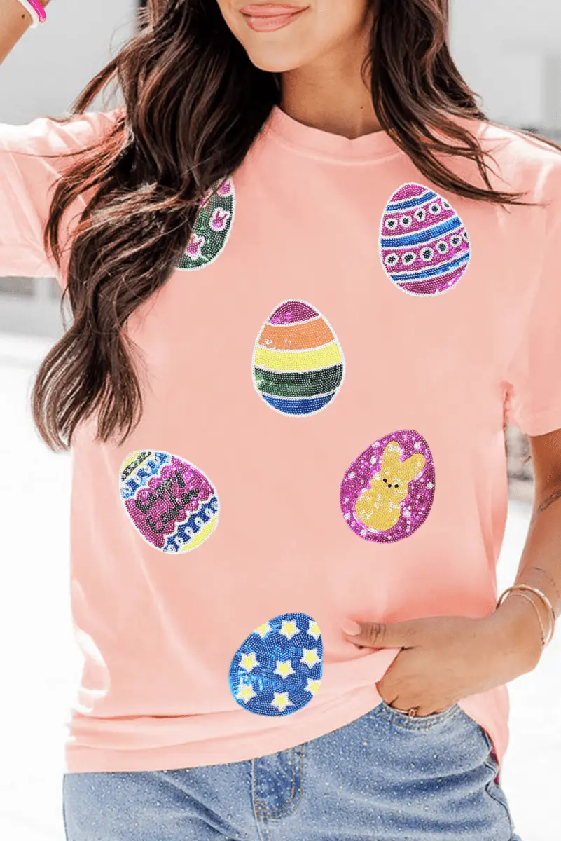 Pink Sequin Easter Eggs Graphic Crewneck T Shirt for Women - Love Salve 