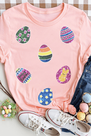Pink Sequin Easter Eggs Graphic Crewneck T Shirt for Women - Love Salve 
