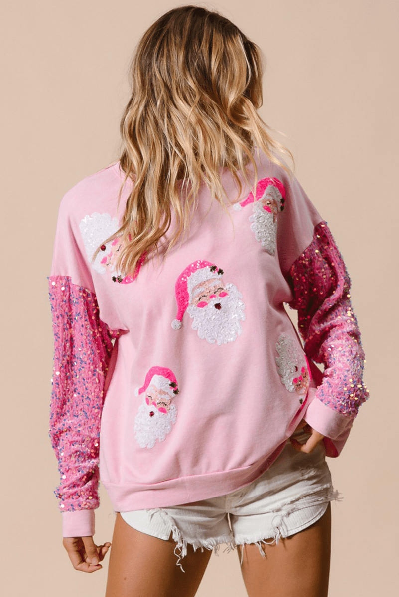 Pink Sequined Santa Claus Long Sleeve Christmas Sweatshirt - Love Salve