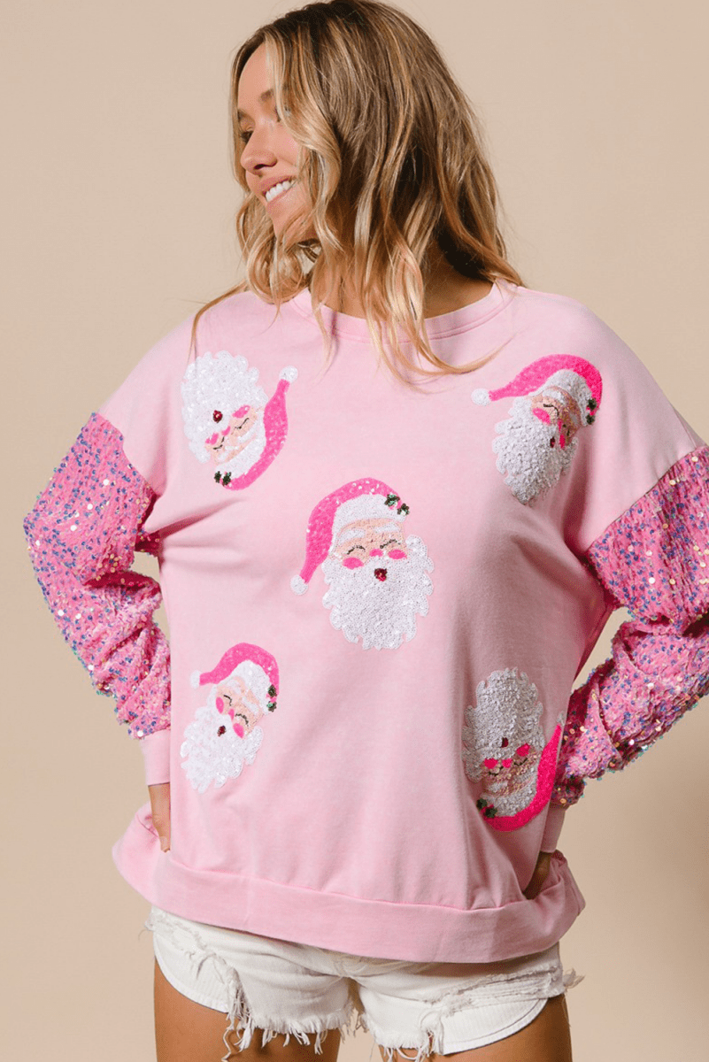 Pink Sequined Santa Claus Long Sleeve Christmas Sweatshirt - Love Salve