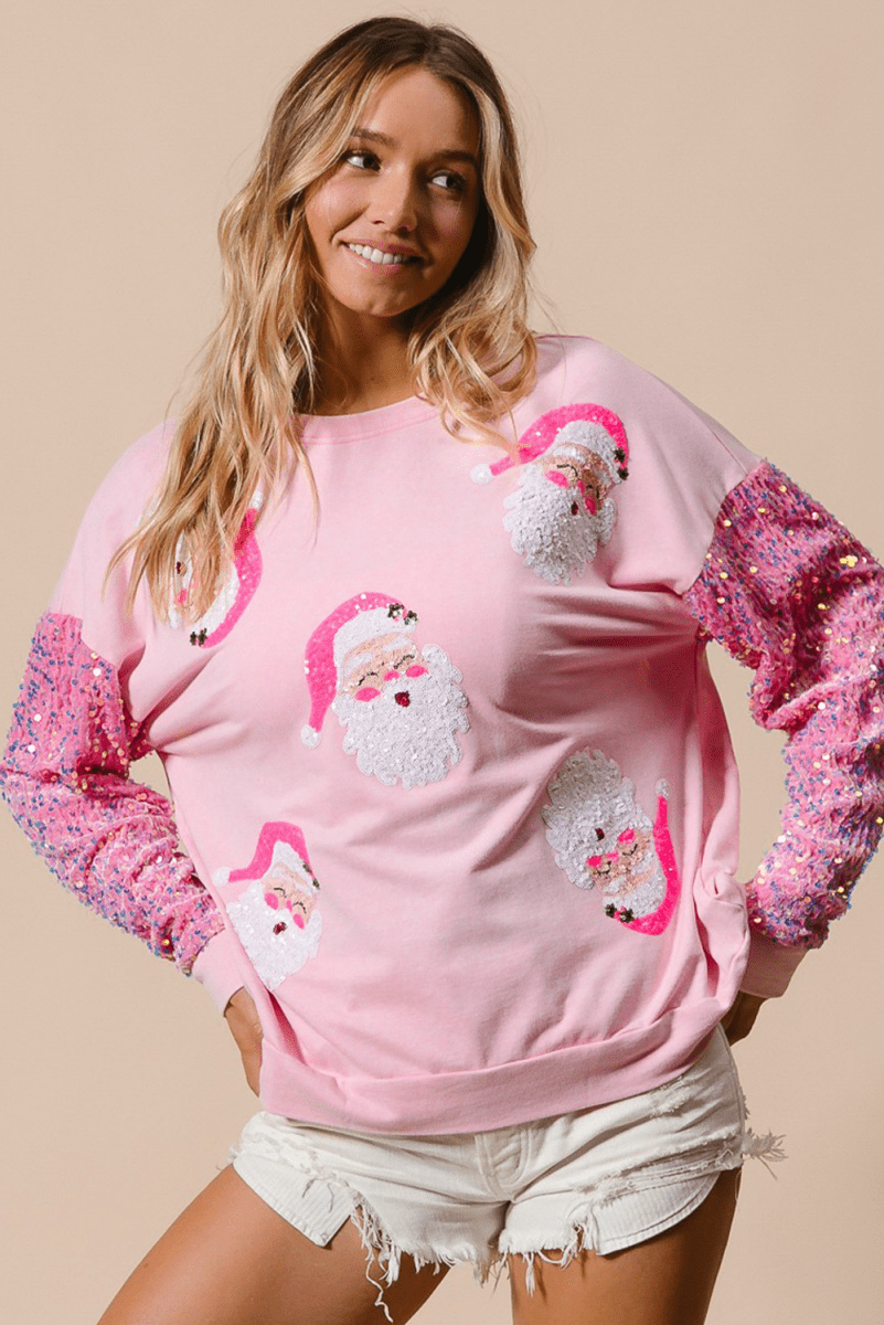 Pink Sequined Santa Claus Long Sleeve Christmas Sweatshirt - Love Salve