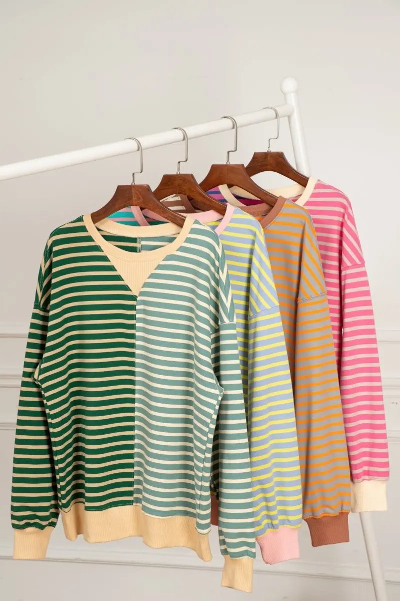 Pink Stripe Colorblock Drop Shoulder Oversize Sweatshirt - Love Salve 