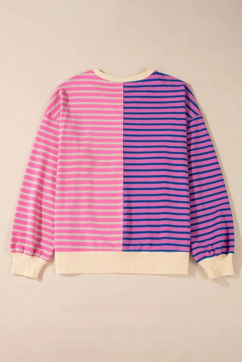 Pink Stripe Colorblock Drop Shoulder Oversize Sweatshirt - Love Salve 