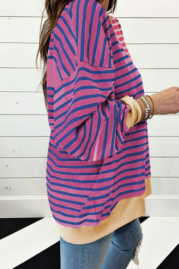 Pink Stripe Colorblock Drop Shoulder Oversize Sweatshirt - Love Salve