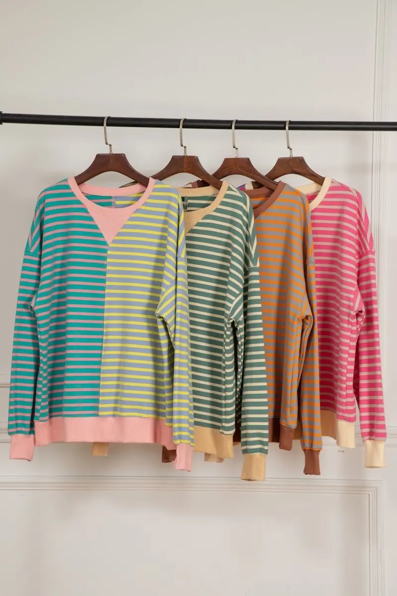 Pink Stripe Colorblock Drop Shoulder Oversize Sweatshirt - Love Salve 