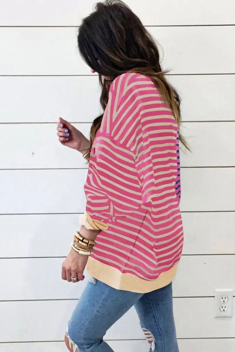 Pink Stripe Colorblock Drop Shoulder Oversize Sweatshirt - Love Salve 