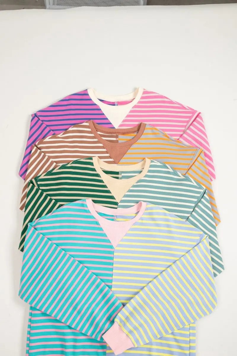 Pink Stripe Colorblock Drop Shoulder Oversize Sweatshirt - Love Salve 