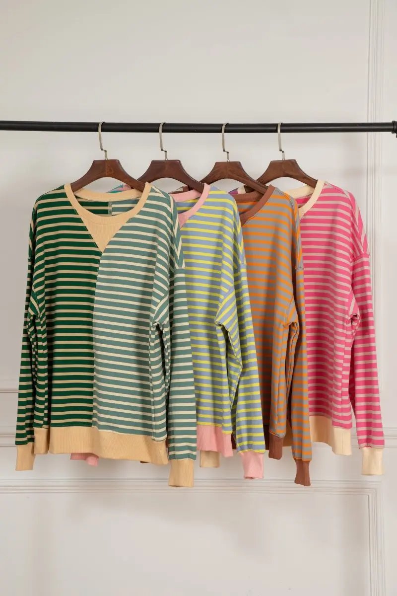 Pink Stripe Colorblock Drop Shoulder Oversize Sweatshirt - Love Salve 