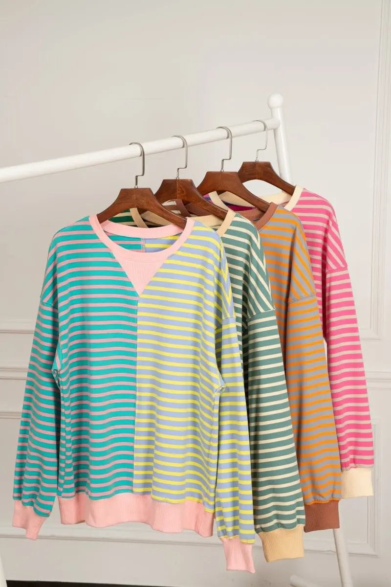 Pink Stripe Colorblock Drop Shoulder Oversize Sweatshirt - Love Salve 