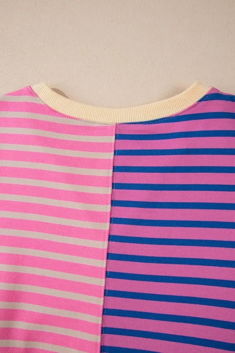 Pink Stripe Colorblock Drop Shoulder Oversize Sweatshirt - Love Salve 