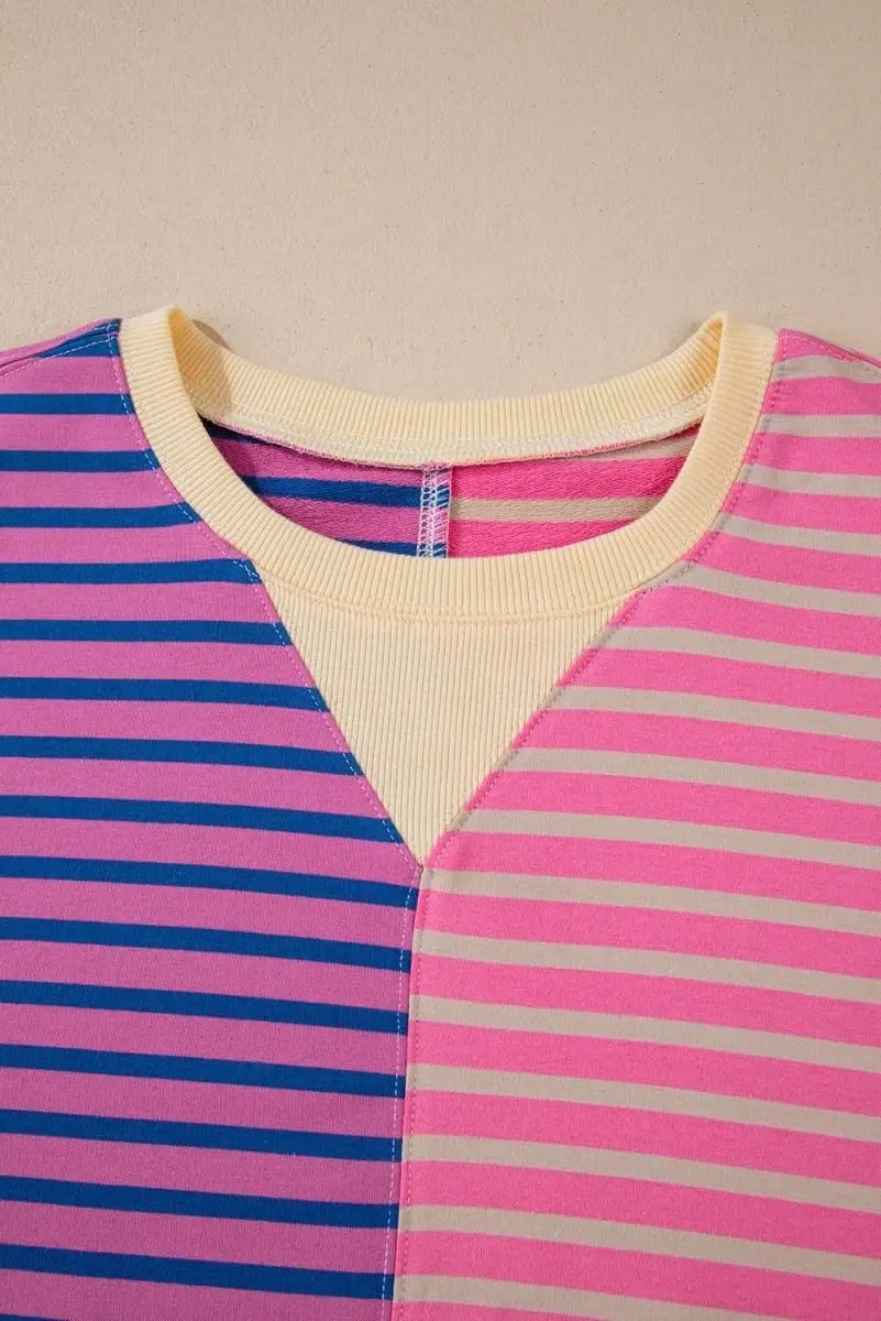 Pink Stripe Colorblock Drop Shoulder Oversize Sweatshirt - Love Salve 