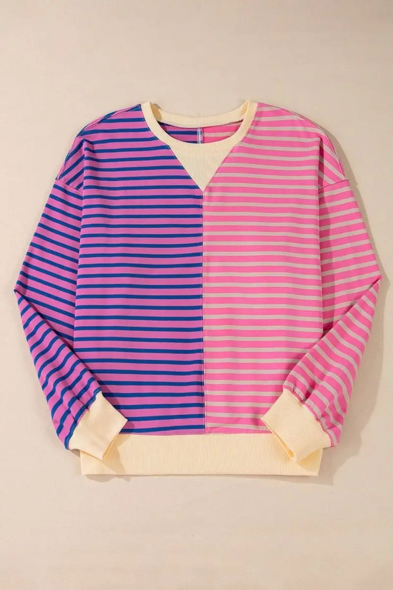 Pink Stripe Colorblock Drop Shoulder Oversize Sweatshirt - Love Salve 