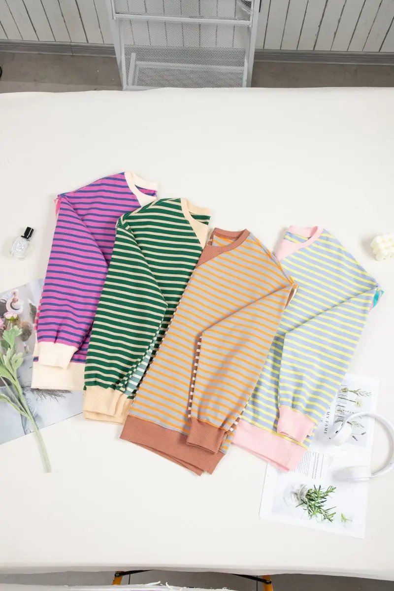 Pink Stripe Colorblock Drop Shoulder Oversize Sweatshirt - Love Salve 