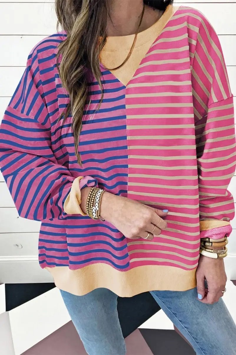 Pink Stripe Colorblock Drop Shoulder Oversize Sweatshirt - Love Salve 