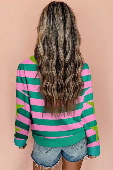 Pink Stripe Star Patchwork Round Neck Pullover Sweatshirt - Love Salve 