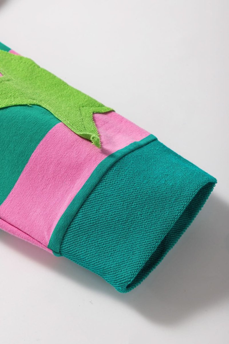 Pink Stripe Star Patchwork Round Neck Pullover Sweatshirt - Love Salve 