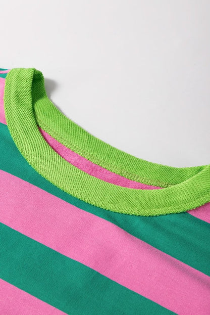 Pink Stripe Star Patchwork Round Neck Pullover Sweatshirt - Love Salve 