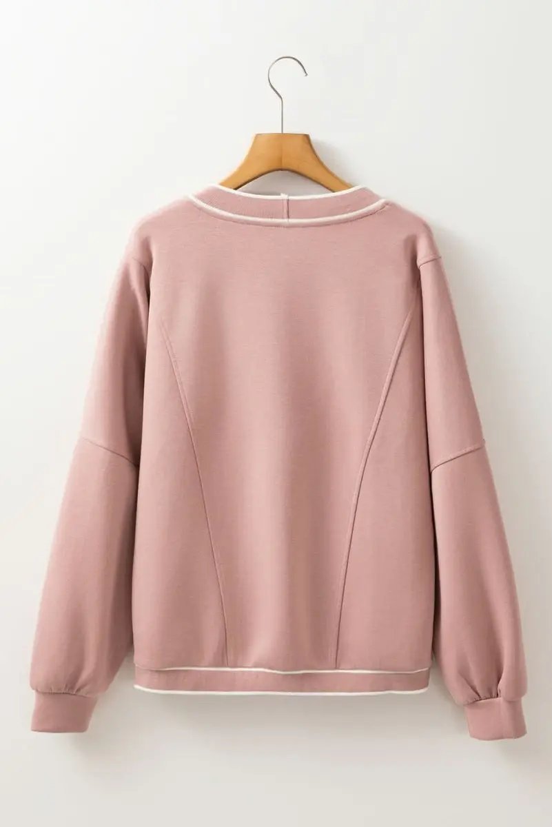 Pink Striped Oversized V-Neck Cardigan with Contrast Trim and Pockets - Love Salve 