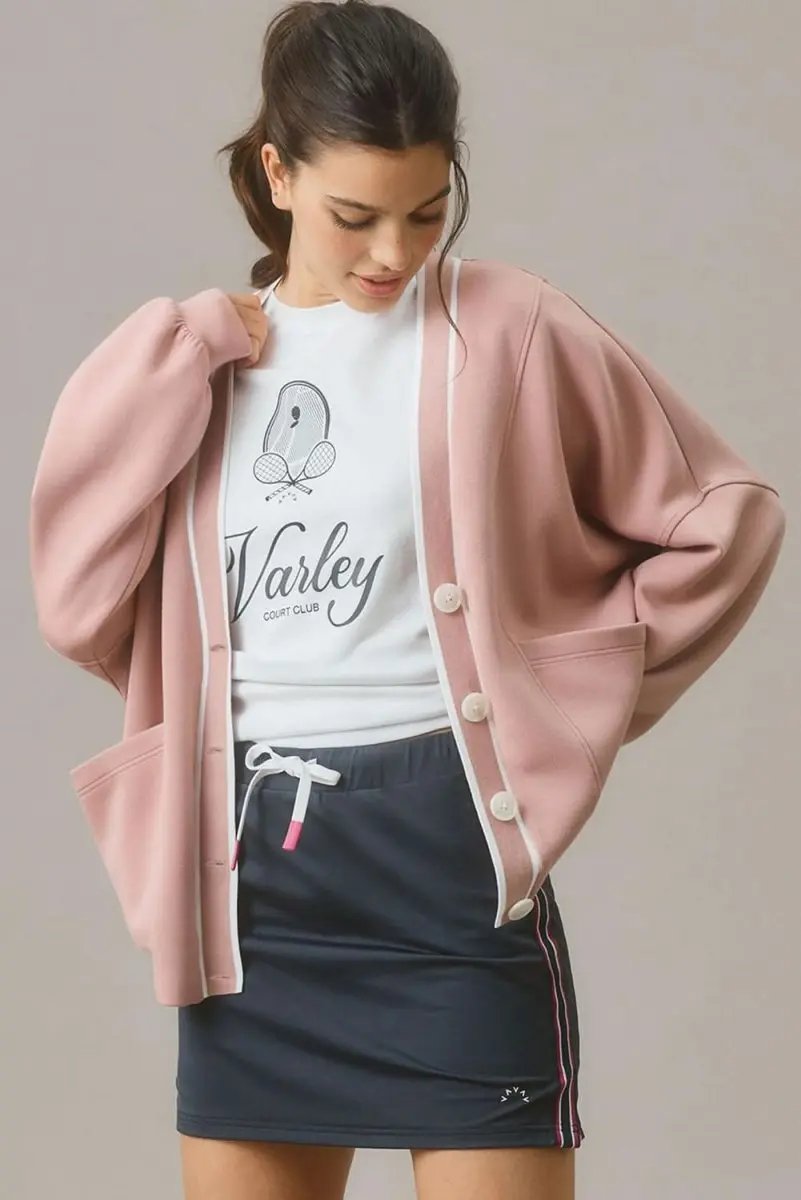 Pink Striped Oversized V-Neck Cardigan with Contrast Trim and Pockets - Love Salve 