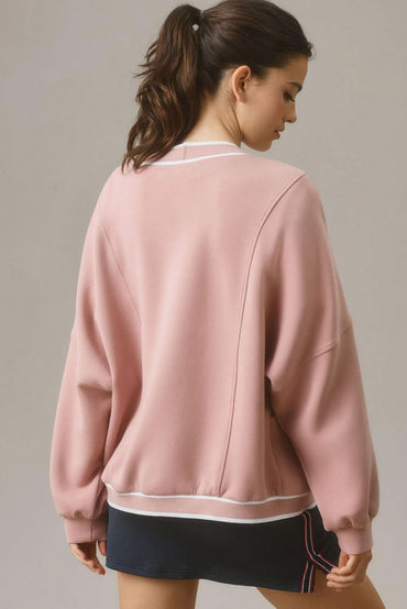Pink Striped Oversized V - Neck Cardigan with Contrast Trim and Pockets - Love Salve