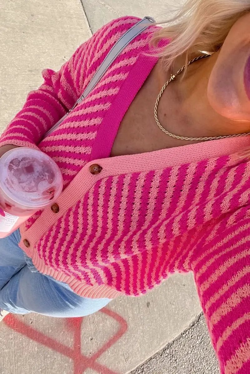 Pink Striped V-Neck Cardigan with Button Closure and Drop Shoulder Design - Love Salve 