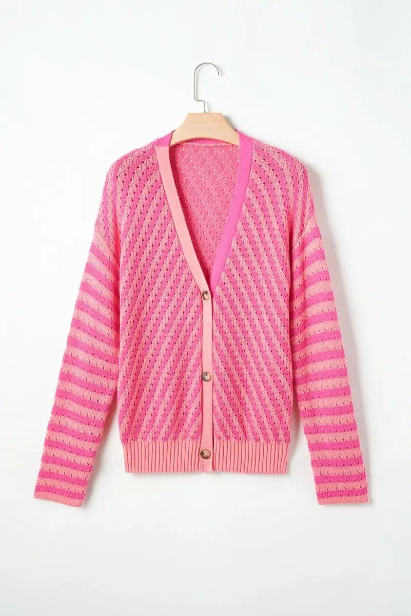 Pink Striped V-Neck Cardigan with Button Closure and Drop Shoulder Design - Love Salve 