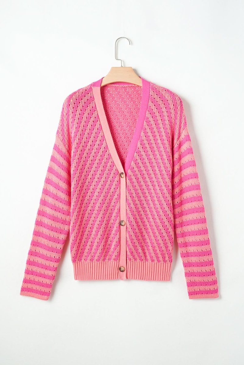 Pink Striped V - Neck Cardigan with Button Closure and Drop Shoulder Design - Love Salve