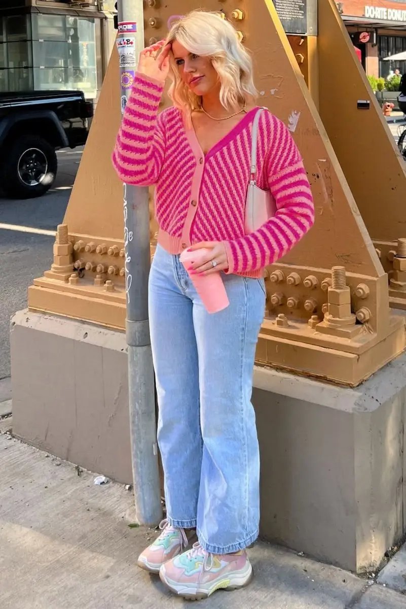 Pink Striped V-Neck Cardigan with Button Closure and Drop Shoulder Design - Love Salve 