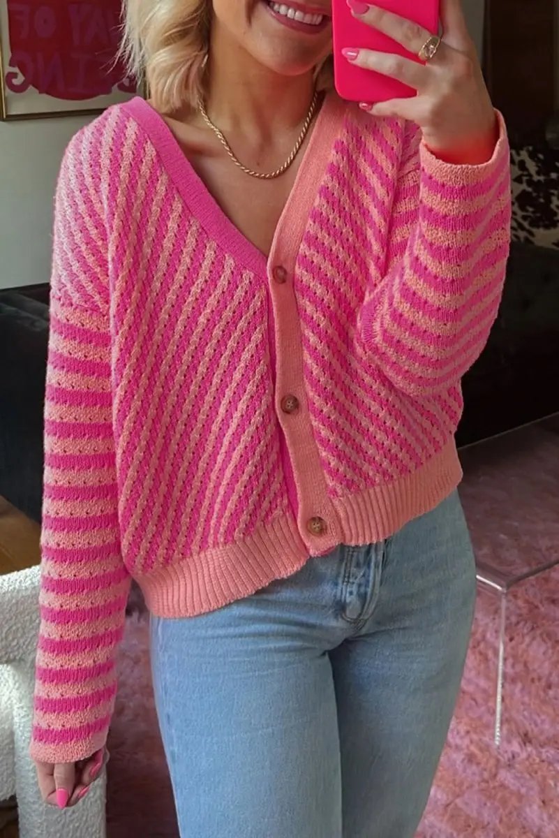 Pink Striped V-Neck Cardigan with Button Closure and Drop Shoulder Design - Love Salve 