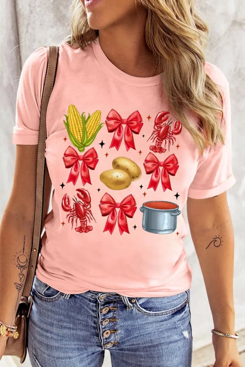 Pink Summer Food Bow Crawfish Printed T Shirt for Women - Love Salve 