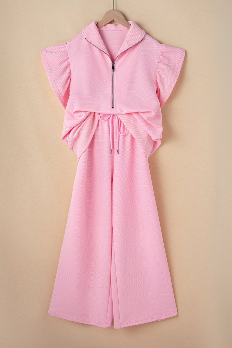 Pink Textured Ruffled Sleeve Zipped Top and Wide Leg Pants Set - Love Salve 