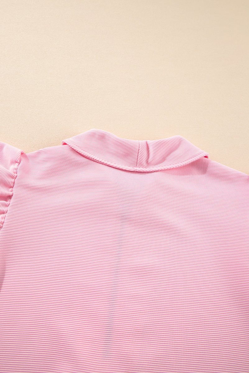 Pink Textured Ruffled Sleeve Zipped Top and Wide Leg Pants Set - Love Salve 