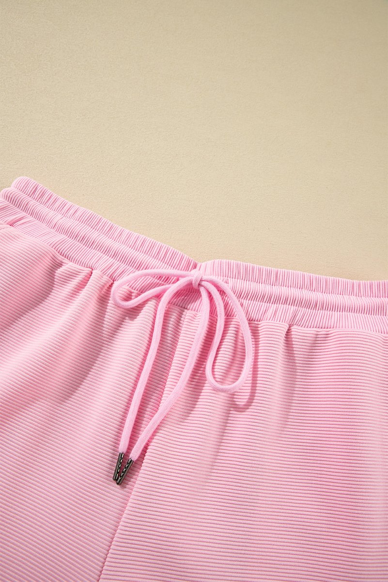 Pink Textured Ruffled Sleeve Zipped Top and Wide Leg Pants Set - Love Salve 