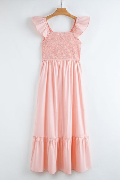 Pink V Neck Flutter Sleeve Smocked Bodice Maxi Dress - Love Salve 