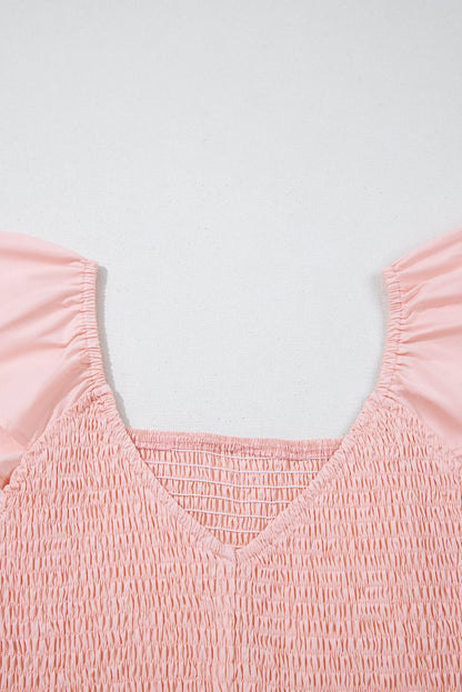 Pink V Neck Flutter Sleeve Smocked Bodice Maxi Dress - Love Salve 